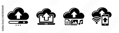 Cloud upload vector icons set with data transfer and synchronization symbols