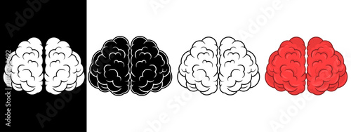 Human brain vector illustration icons set for neurology mental health minimalist flat design in black white red styles isolated on backgrounds for educational and medical projects.