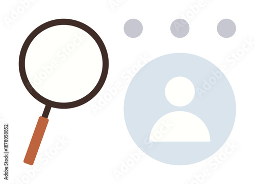 User research, identity verification, authentication, hiring process, online profiles, digital search. Magnifying glass near user icon with dots above. User research and identity verification concept