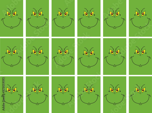 Seamless cartoon pattern with repeating green mischievous faces featuring sly smiles and expressive yellow eyes. Playful holiday-inspired character background, ideal for kids designs, wrapping paper.