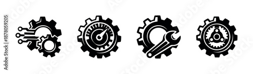 Industrial gear vector icons set with mechanical tools and technology symbols