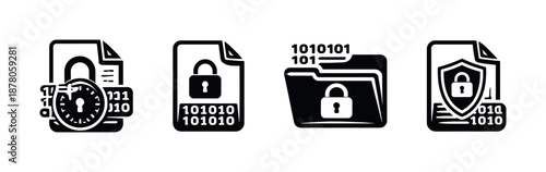 Data security vector icons set: lock, file, binary code symbols for digital protection
