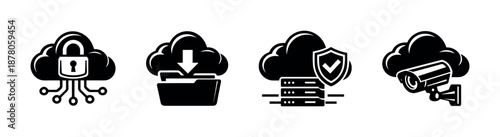 Cloud technology vector icons set. security, data storage, surveillance symbols