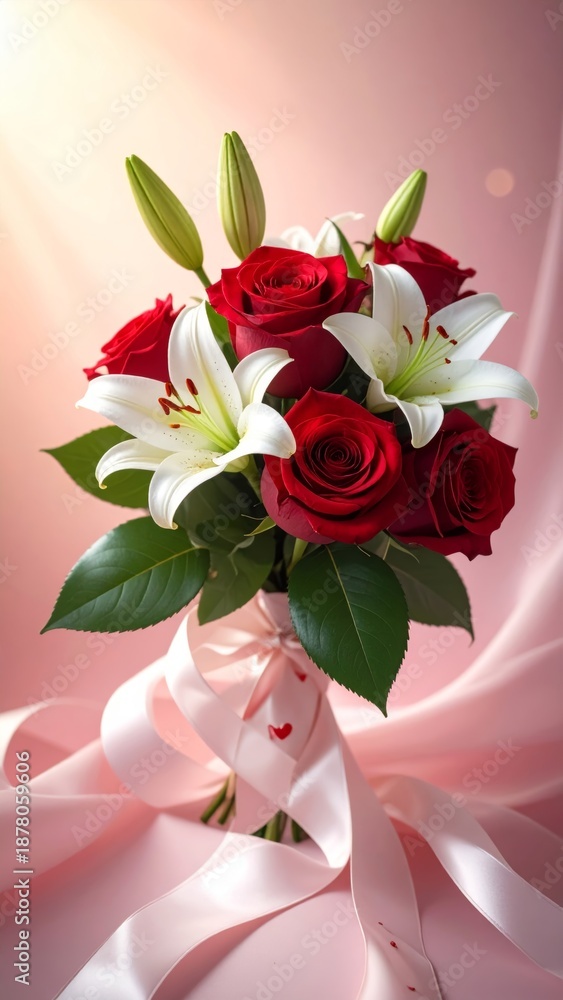 Fototapeta premium Elegant classic bouquet of red roses and white lilies in a soft studio style in red, white, and pink colors representing romance and love for Valentine's Day