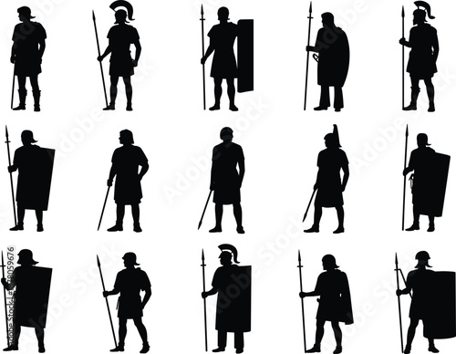 Ancient Roman soldier silhouettes collection showing legionary warriors with spear shield isolated on white background historical military army fighter vector illustration setWeb