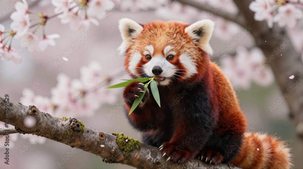 Fototapeta premium Cute red panda perched on a mossy branch nibbling a bright bamboo leaf amid falling cherry blossoms
