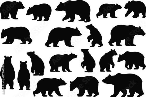 Black bear silhouette mega collection featuring walking standing sitting poses, wild forest mammal shapes, detailed wildlife icon set isolated on white background illustration