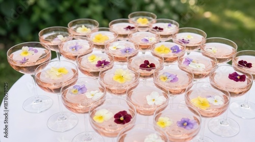 Elegant Garden Party: Multiple Coupe Glasses Filled with Pink Champagne and Garnished with Colorful Edible Pansies on a White Tablecloth