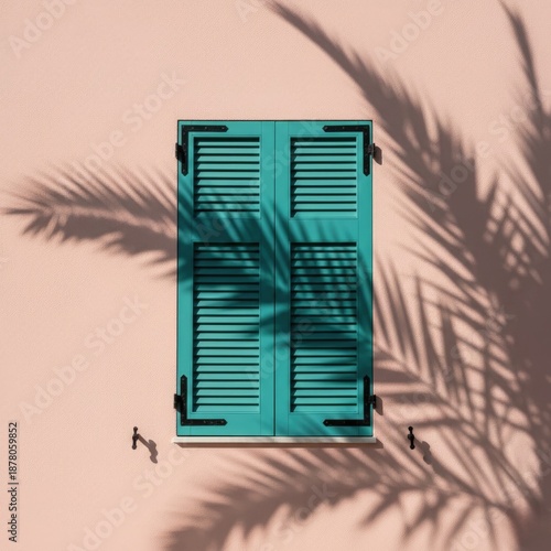 Minimalist Architectural Shot: Teal Window Shutters on a Pastel Pink Wall with Soft Palm Leaf Shadows. A Serene and Stylish Mediterranean Aesthetic