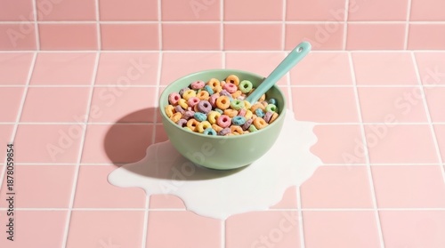 A Bowl of Colorful Ring Cereal in a Teal Bowl with a Spoon, Sitting in a Pool of Spilled Milk on a Pink Tiled Surface. A Playful and Vibrant Image