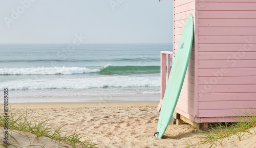 Mint Green Surfboard Leaning Against a Pale Pink Beach Hut on a Sandy Shore with Ocean Waves. Serene Coastal Aesthetic and Summer Vacation Concept