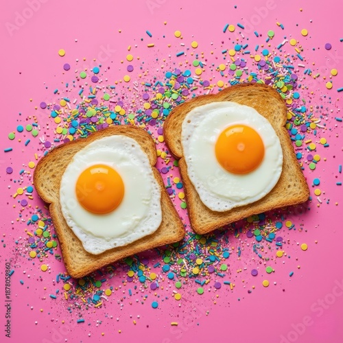 Vibrant Pop Art Breakfast: Two Fried Eggs on Toast Surrounded by Colorful Sprinkles on a Bright Pink Background. Creative and Fun Food Photography