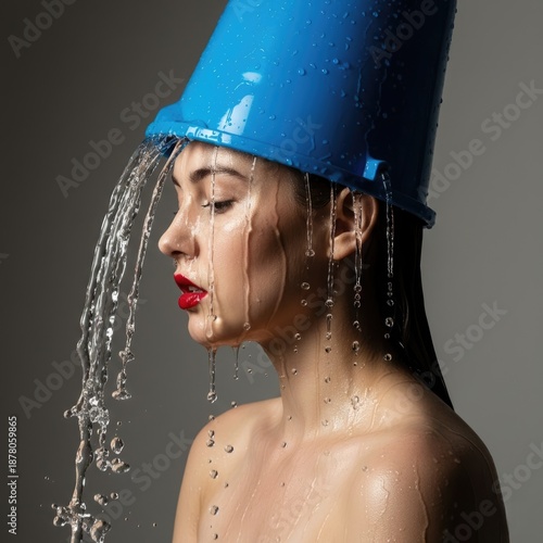 Surreal Fine-Art Portrait of a Young Woman with a Blue Bucket on Her Head, with Water Pouring Down Her Face. A Bold and Conceptual Artistic Shot
