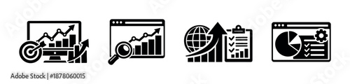 Business analytics vector icons set: data growth, statistics, charts, reports
