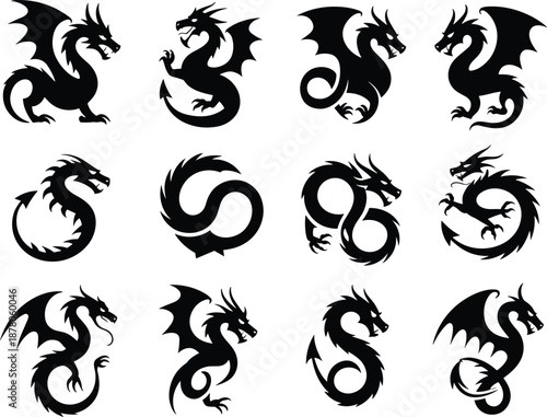 Black dragon silhouettes collection featuring flying curled roaring poses isolated on white background fantasy mythical creature monster vector illustration set