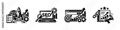 Business and seo vector icons set: marketing, analytics, digital strategy symbols