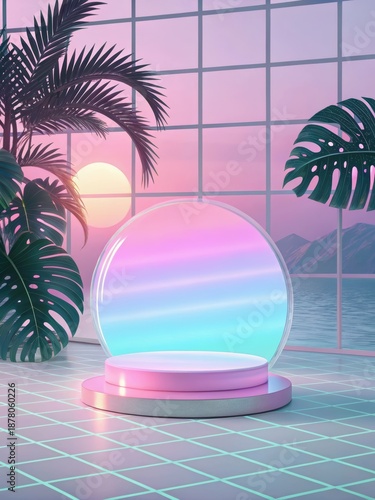 Retro futuristic scene with a pink podium and tropical plants at sunset