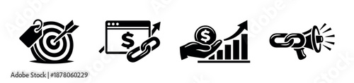 Business and marketing vector icons set: target, analytics, currency growth