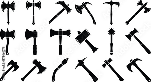 Black medieval axe silhouettes collection showing different weapon designs isolated on white background fantasy warrior battle tool vector illustration set