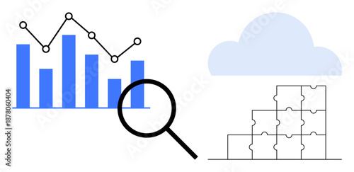 Data analysis. Data insights explored through graphs, magnifying glass, and puzzle pieces. Data connectivity and cloud storage facilitate efficient analytics. For analytics, IT, cloud computing