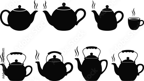 Black teapot silhouettes collection, showing steaming kettle and tea cup shapes isolated on white background hot beverage kitchen vector illustration set