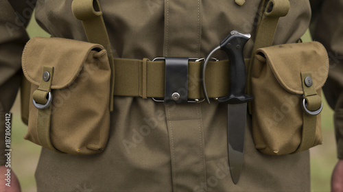 Detailed shot of a soldier with a heavy canvas belt featuring a canteen, bayonet in sheath, and a small first-aid pouch