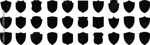Black shield silhouettes collection showing various emblem shapes isolated on white background medieval security badge heraldry protection icon vector illustration set