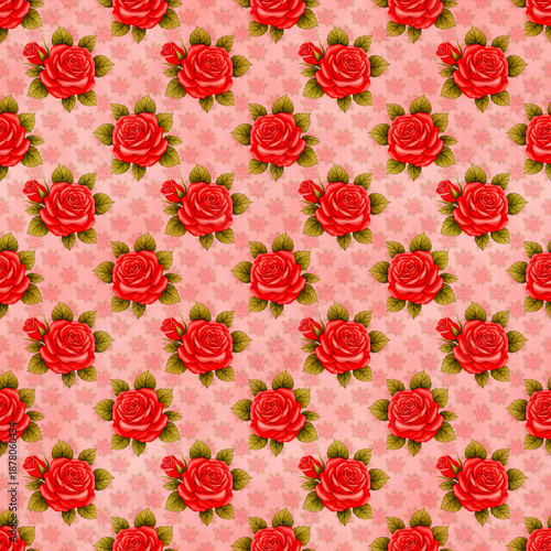 Seamless digital pattern featuring detailed red roses and green leaves on a textured pink background with subtle floral motifs. Ideal for romantic greeting cards, fabric prints, and digital paper use.