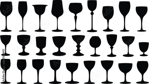 Black wine glass silhouettes collection featuring different goblet shapes isolated on white background bar drinkware restaurant beverage vector illustration set