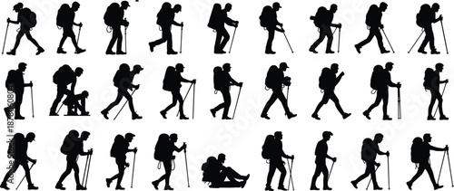 Collection of hiking silhouettes, backpacker walking poses, trekking poles outdoor adventure traveler sequence isolated black figures camping expedition trail motion people illustration set design