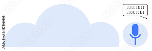 Cloud technology, voice recognition, AI integration, speech to text, digital communication, data storage. Visual with a cloud, binary speech bubble and microphone icon. Cloud technology and voice
