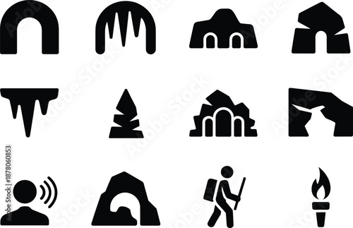WebCave exploration icons silhouettes collection, showing underground tunnels rocks explorer torch isolated on white background adventure hiking geology vector illustration set