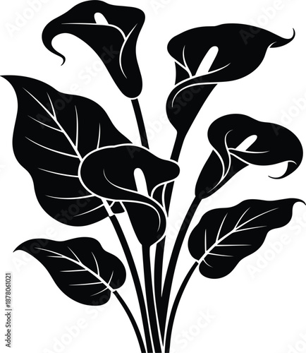 Elegant calla lily flower silhouette vector illustration with blooming petals and lush tropical garden leaves