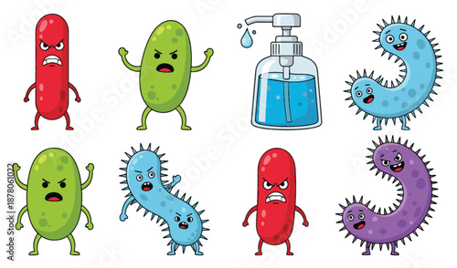 Cartoon germs and bacteria characters set with angry microbes and hand sanitizer bottle, hygiene and infection concept illustration