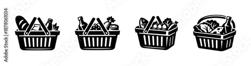 Grocery basket vector icons set - food, shopping, and market essentials