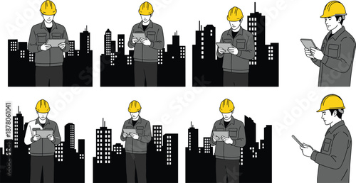 Construction engineer wearing safety helmet using tablet with city skyline background, industrial worker inspection illustration set