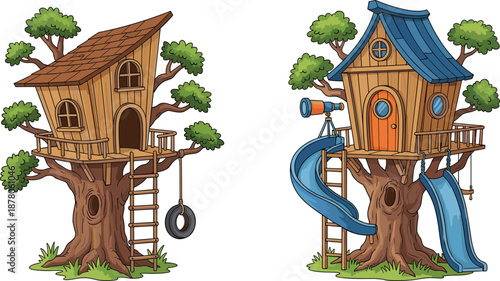 Cartoon treehouse playground set with wooden cabin, ladder, tire swing, telescope and slides in forest illustration