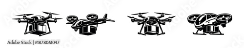 Drone delivery vector icons set: courier, package, logistics symbols, air transport