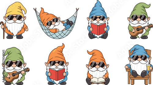 Cute gnome characters set with sunglasses, reading books, playing guitar, relaxing in hammock and sitting on chair illustration