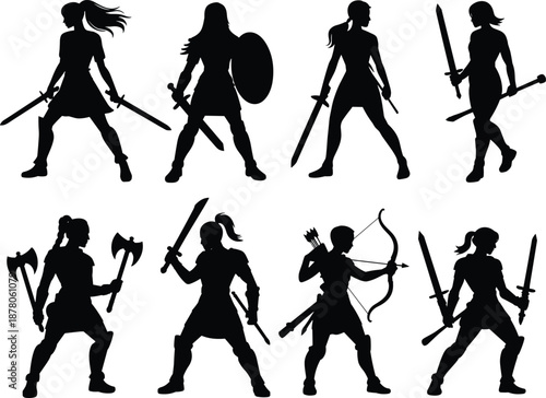 Female warrior silhouettes collection featuring sword axe bow shield combat poses isolated on white background fantasy medieval woman fighter vector illustration set