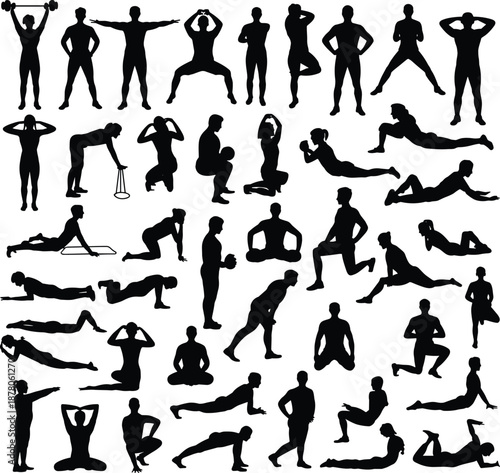 Fitness workout silhouette mega collection, full body training exercises, yoga stretching and strength routines, gym activity poses, isolated black human figures illustration