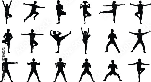Fitness workout silhouette set, aerobic exercise and yoga balance poses, healthy lifestyle training movements, isolated black human figures, sport motion illustration collection