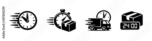 Fast delivery vector icons set: stopwatch, truck, package symbols in simple style