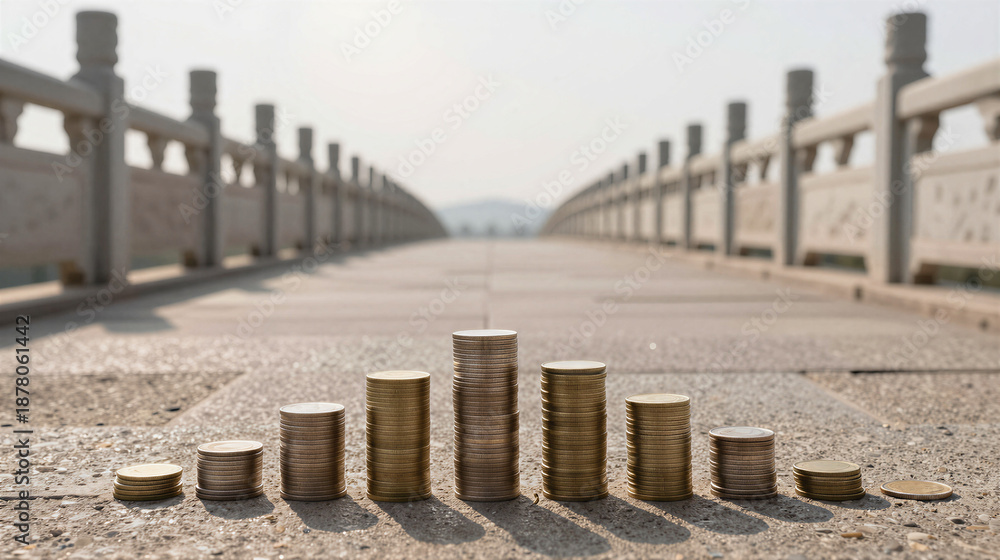 Obraz premium Stacks of coins form a bridge toward a sunlit horizon, symbolizing the path to financial freedom and a secure future.