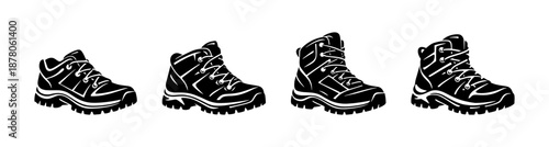 Hiking boot vector icons set for outdoor adventure, trekking, camping gear
