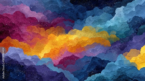 A vibrant and colorful illustration of a starry night sky with clouds