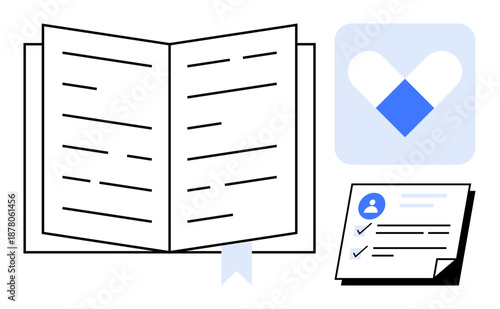 Open book with lines and bookmark, checklist paper with profile icon, and abstract heart graphic. Ideal for education, productivity, self-care, organization, planning reading simplicity. A simple
