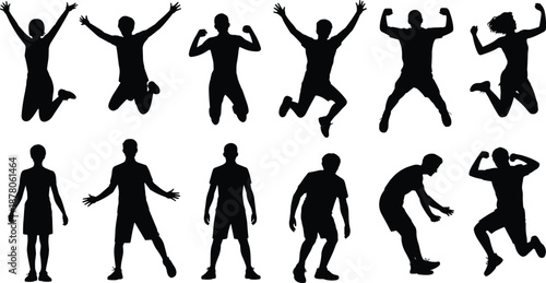 Jumping man silhouette collection, energetic male celebration poses, fitness and success body movements, happy active lifestyle concept, isolated black human figures illustration