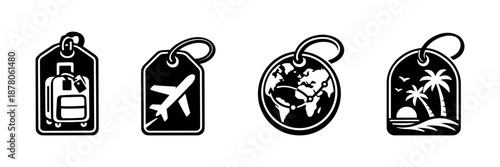 Travel and vacation vector icons set: luggage tags, world map, airplane symbols