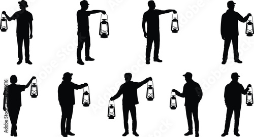 Man holding lantern silhouettes collection, featuring multiple standing poses isolated on white background night exploration mystery light camping vintage vector illustration set